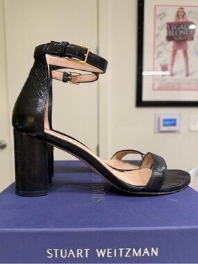 Stuart Weitzman Lessnudist Black Patent Leather Block Heel Sandal Size 7 W/ Box